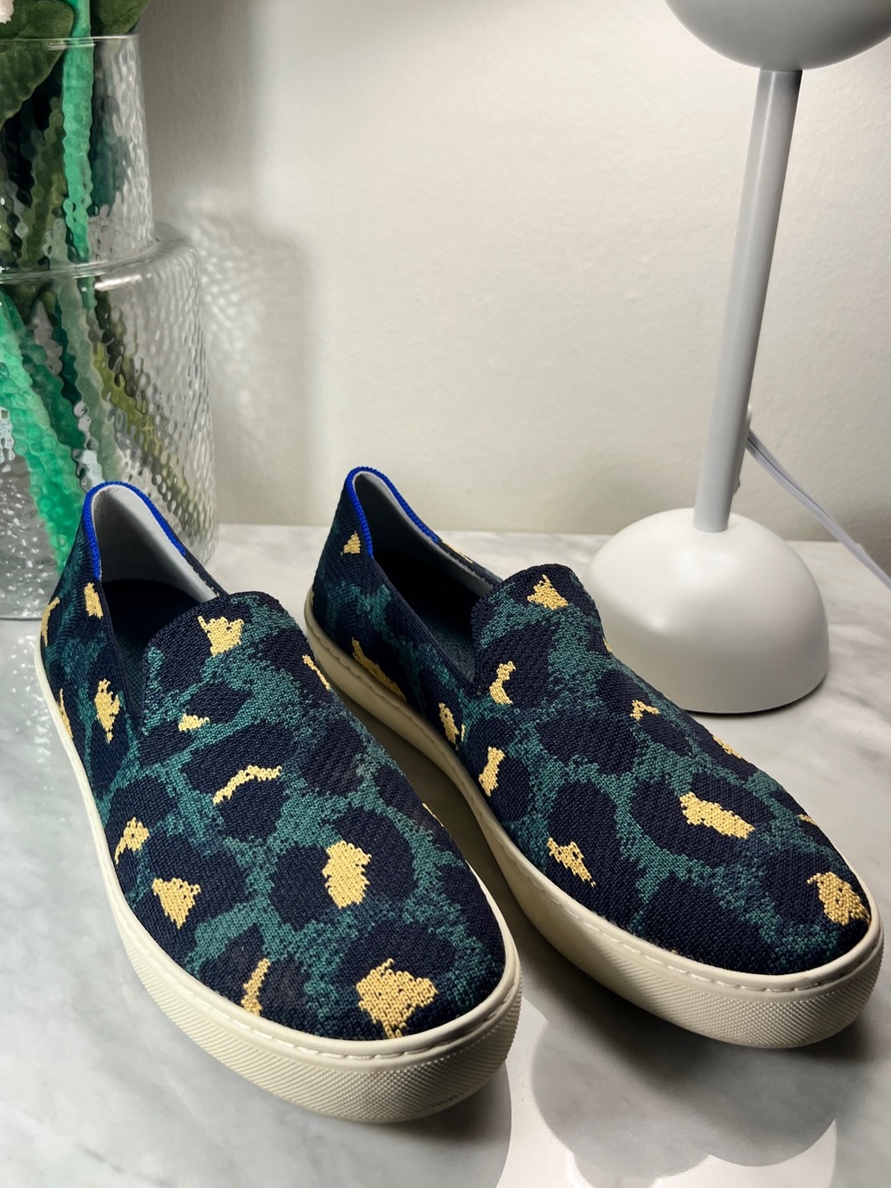 Rothy’s Original Slip On Sneaker Navy Teal Yellow Leopard Knit Shoes Size 11